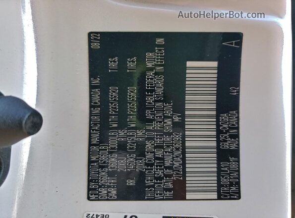 2T2JZMDA2NC360982 2022 LEXUS RX White Widok naklejki z numerem VIN
