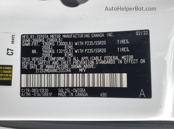 2T2SZMDA8NC335346 2022 LEXUS RX White Widok naklejki z numerem VIN