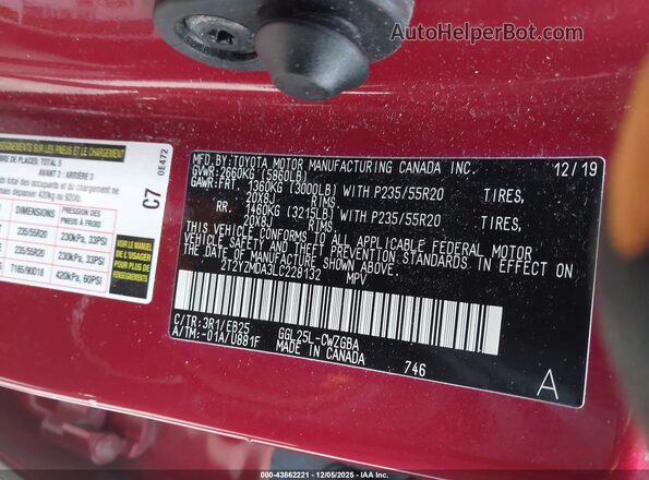 2T2YZMDA3LC228132 2020 LEXUS RX 350 Red 