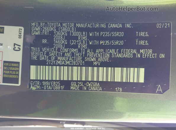 2T2YZMDA3MC283701 2021 LEXUS RX 350 Gray Engine compartment view
