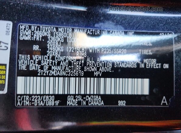 2T2YZMDA8NC325619 2022 LEXUS RX Charcoal Вид наклейки з VIN-кодом