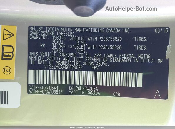 2T2ZZMCA4GC029022 2016 LEXUS RX 350 Tan Vista del compartimento del motor