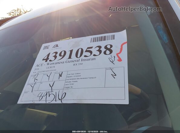 2T2ZZMCA5GC034164 2016 LEXUS RX 350 White 