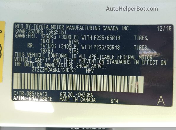 2T2ZZMCA6KC128353 2019 LEXUS RX 350 White ძრავის განყოფილების ხედი