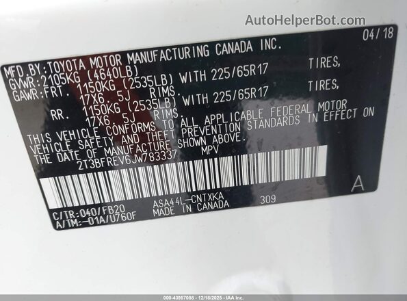 2T3BFREV6JW783337 2018 TOYOTA LE White ძრავის განყოფილების ხედი