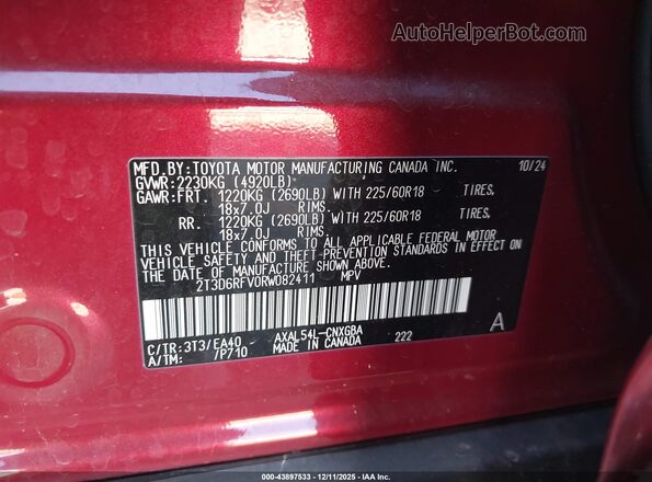 2T3D6RFV0RW082411 2024 TOYOTA LIMITED Red Widok komory silnika