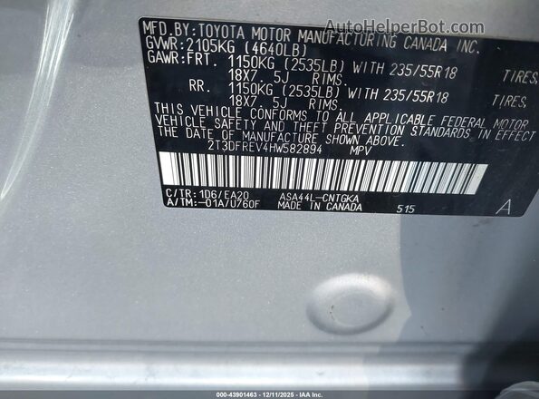 2T3DFREV4HW582894 2017 TOYOTA LIMITED Silver Շարժիչի բաժամունքի տեսք