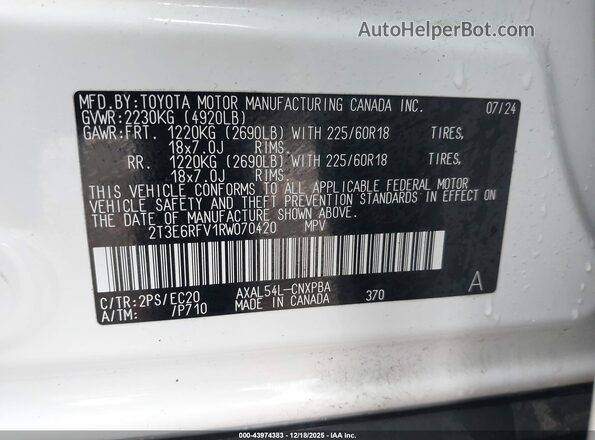 2T3E6RFV1RW070420 2024 TOYOTA RAV4 HYBRID Белый Вид подкапотного пространства