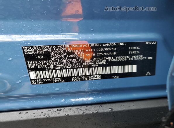 2T3E6RFV7NW035441 2022 TOYOTA RAV4 Blue Вид наклейки з VIN-кодом