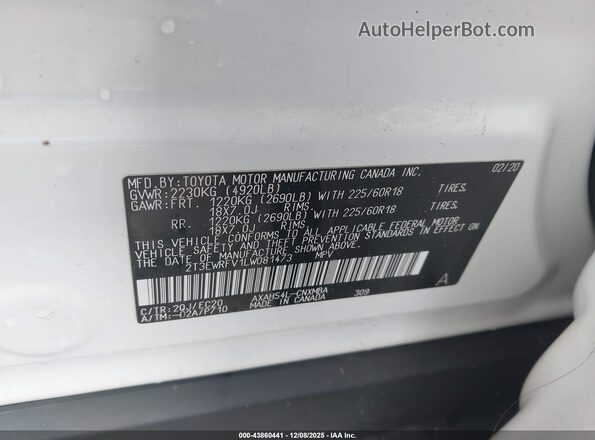 2T3EWRFV1LW081473 2020 TOYOTA RAV4 HYBRID White Շարժիչի բաժամունքի տեսք