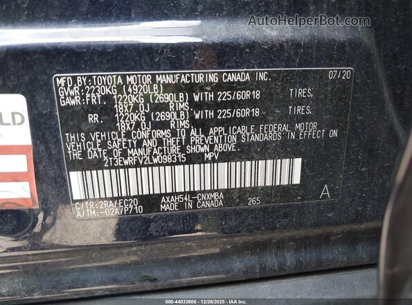 2T3EWRFV2LW098315 2020 TOYOTA RAV4 HYBRID Blue Widok komory silnika