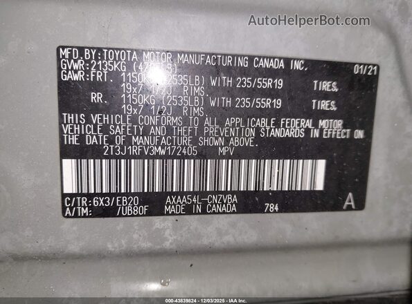 2T3J1RFV3MW172405 2021 TOYOTA RAV4 Gray Вид підкапотного простору