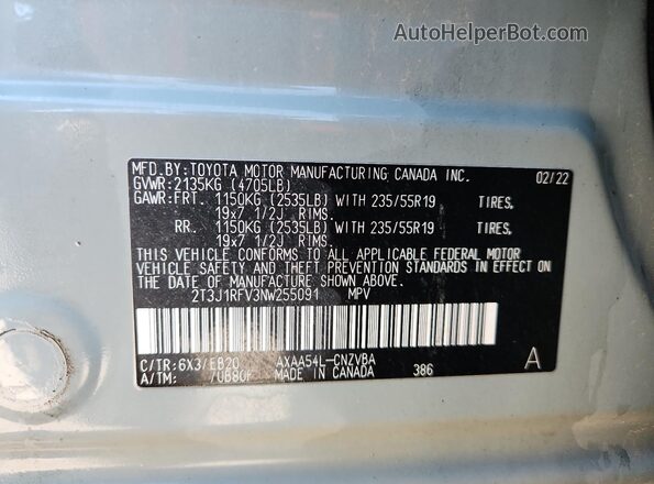 2T3J1RFV3NW255091 2022 TOYOTA RAV4 Green Widok naklejki z numerem VIN