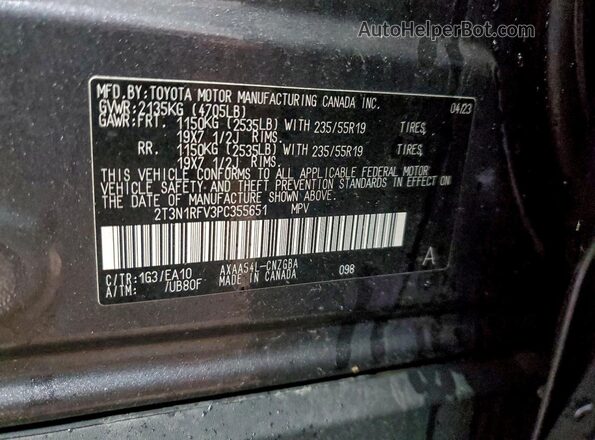 2T3N1RFV3PC355651 2023 TOYOTA LIMITED Gray Widok naklejki z numerem VIN
