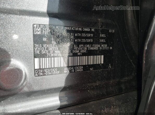 2T3N1RFV6LW105488 2020 TOYOTA LIMITED Серый Вид подкапотного пространства