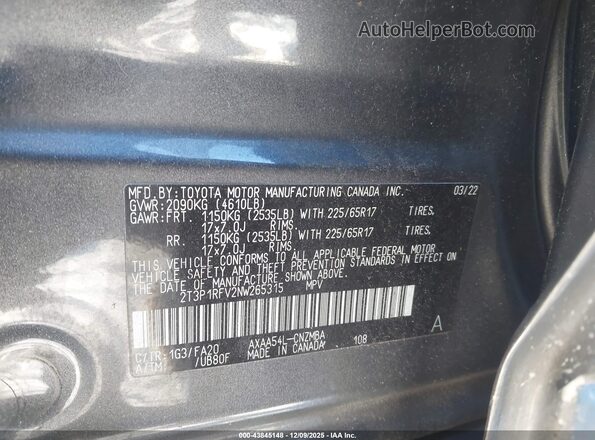 2T3P1RFV2NW265315 2022 TOYOTA LE Gray Вид підкапотного простору
