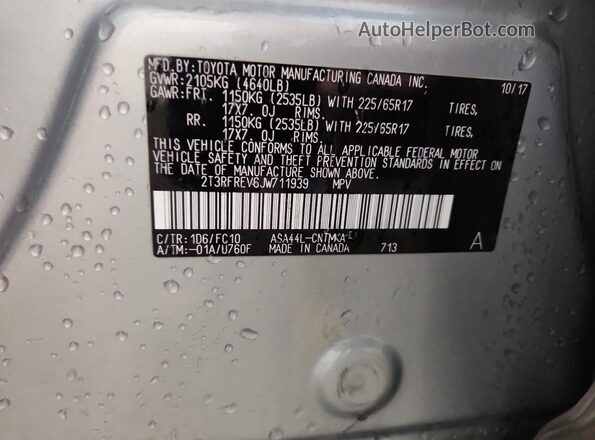 2T3RFREV6JW711939 2018 TOYOTA RAV4 Gray VIN կոդի պիտակի տեսք