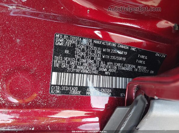 2T3Y1RFV8RW331487 2024 TOYOTA LIMITED Красный Вид подкапотного пространства