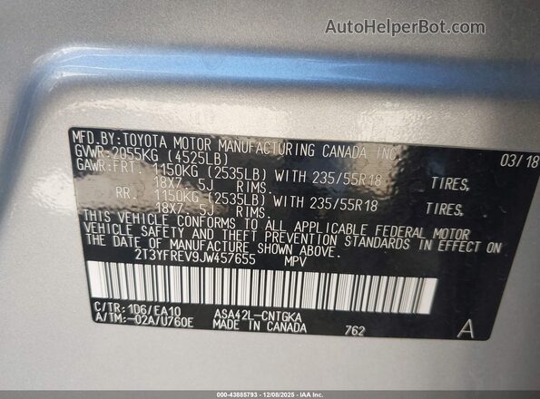 2T3YFREV9JW457655 2018 TOYOTA LIMITED Silver 