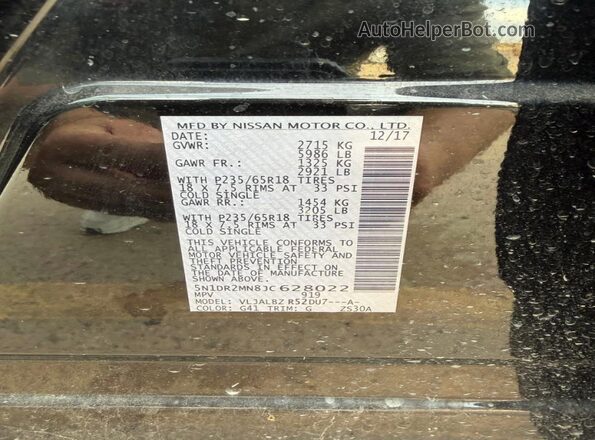 5N1DR2MN8JC628022 2018 NISSAN PATHFINDER Черный Вид задней части салона
