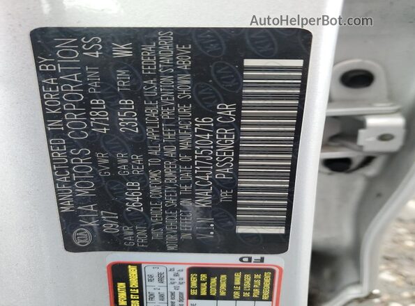 KNALC4J17J5104716 2018 KIA CADENZA Серебряный Вид наклейки с VIN-кодом