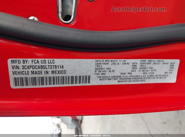 3C4PDCAB5LT278114 2020 DODGE JOURNEY Red Engine compartment view