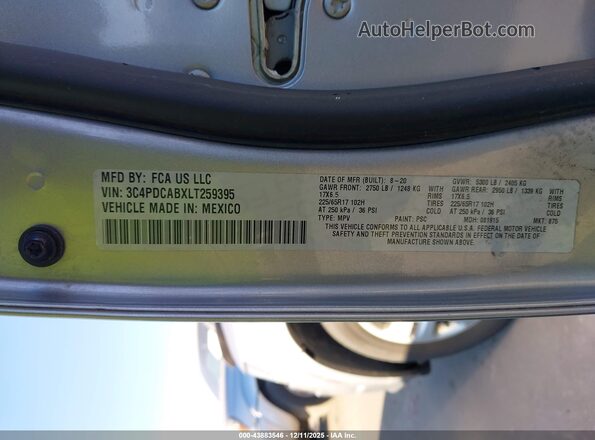 3C4PDCABXLT259395 2020 DODGE JOURNEY Серебряный Вид подкапотного пространства