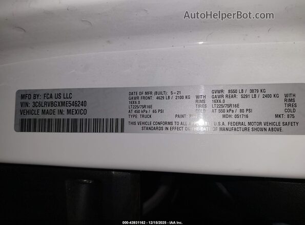 3C6LRVBGXME546240 2021 RAM PROMASTER 1500 White 