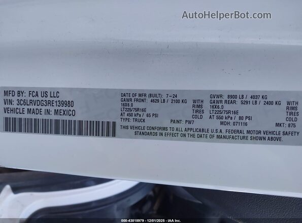 3C6LRVDG3RE139980 2024 RAM PROMASTER 2500 Белый Вид подкапотного пространства