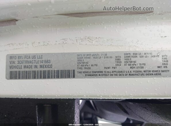3C6TRVAG7LE141663 2020 RAM PROMASTER 1500 White Engine compartment view