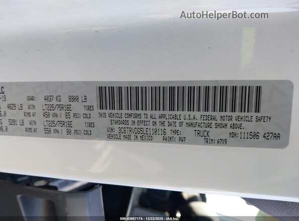 3C6TRVDG5LE110116 2020 RAM PROMASTER 2500 White 