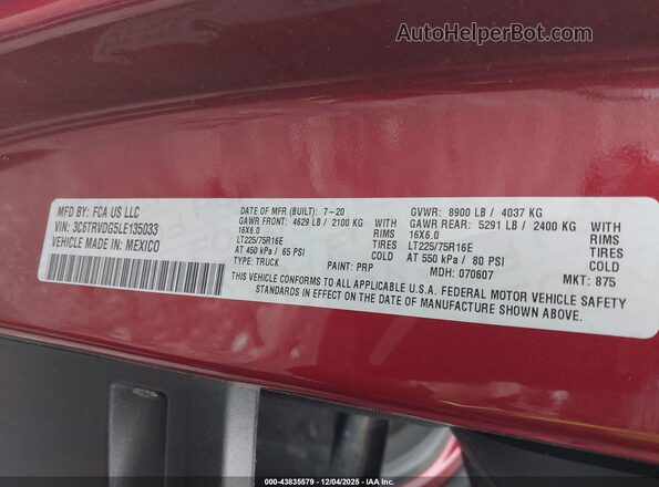 3C6TRVDG5LE135033 2020 RAM PROMASTER 2500 Red Vista del compartimento del motor