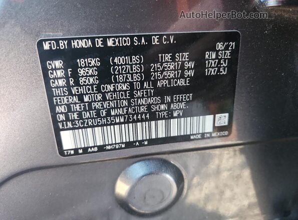 3CZRU5H35MM734444 2021 HONDA HR-V Серебряный Вид наклейки с VIN-кодом