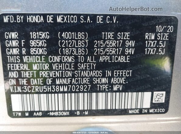 3CZRU5H38MM702927 2021 HONDA HR-V Silver Widok komory silnika