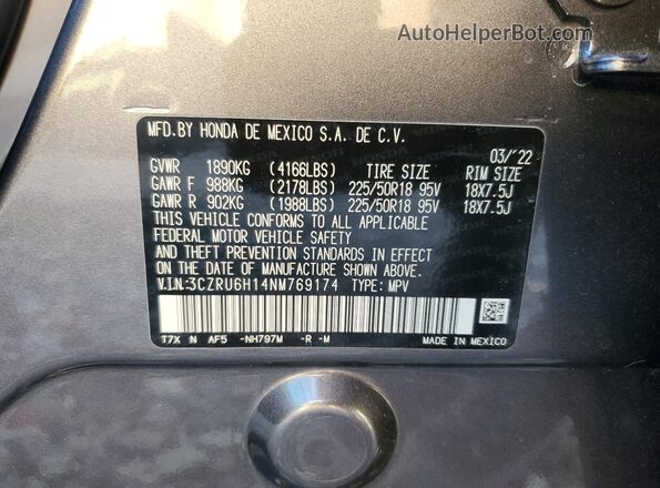 3CZRU6H14NM769174 2022 HONDA HR-V Gray VIN sticker view