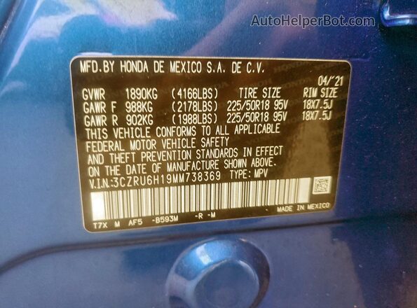 3CZRU6H19MM738369 2021 HONDA HR-V Blue 
