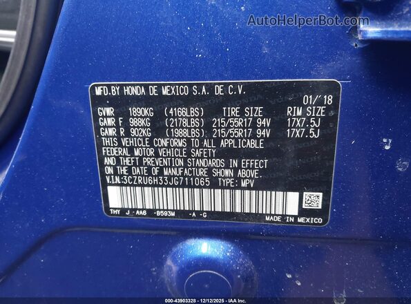 3CZRU6H33JG711065 2018 HONDA HR-V Blue 