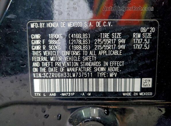 3CZRU6H33LM737511 2020 HONDA HR-V Black VIN კოდის სტიკერის ხედი
