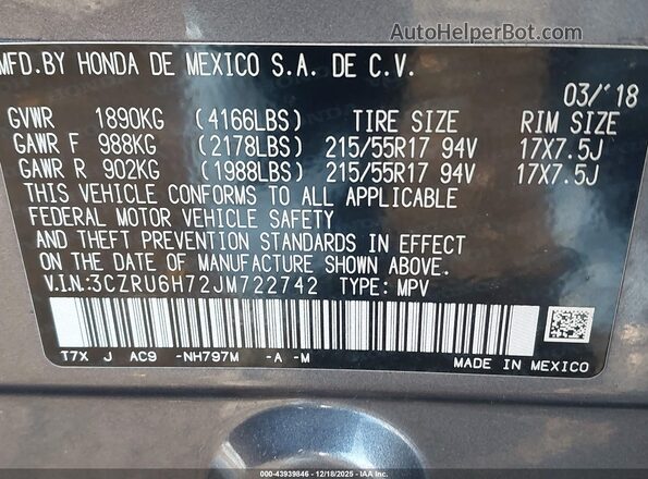 3CZRU6H72JM722742 2018 HONDA HR-V Gray Engine compartment view
