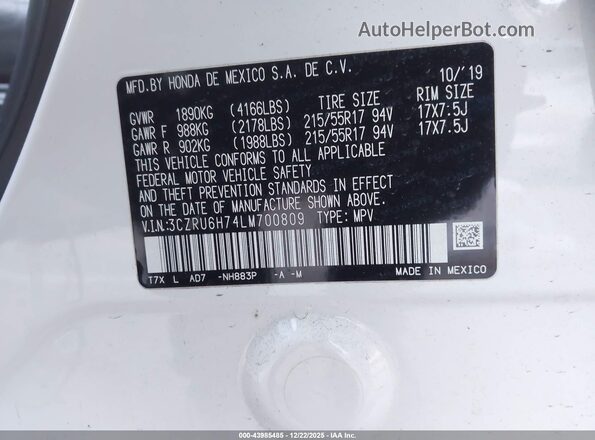 3CZRU6H74LM700809 2020 HONDA HR-V White Widok komory silnika