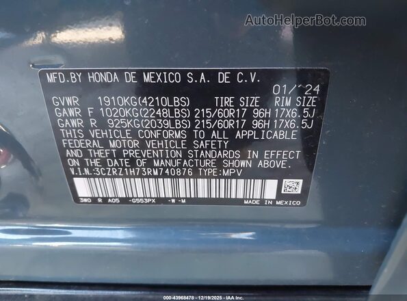 3CZRZ1H73RM740876 2024 HONDA HR-V Gray Вид підкапотного простору