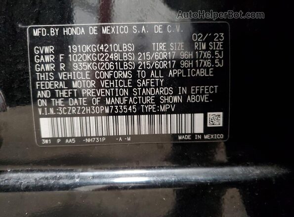 3CZRZ2H30PM733545 2023 HONDA HR-V Black Vista de la etiqueta del VIN