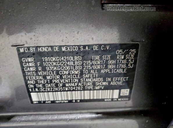 3CZRZ2H35TM704262 2026 HONDA HR-V Gray VIN კოდის სტიკერის ხედი