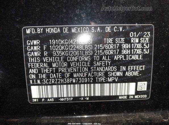 3CZRZ2H38PM730912 2023 HONDA HR-V Black Vista del compartimento del motor