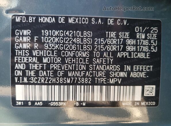 3CZRZ2H38SM773882 2025 HONDA HR-V Blue 