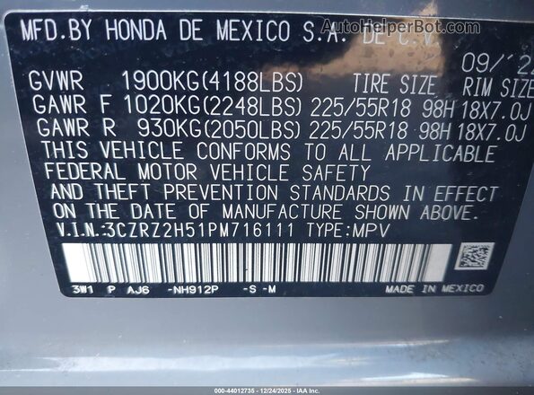 3CZRZ2H51PM716111 2023 HONDA HR-V Серый 