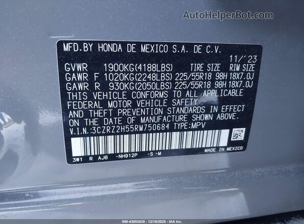 3CZRZ2H55RM750684 2024 HONDA HR-V Gray Widok komory silnika