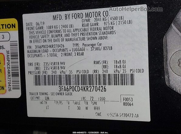 3FA6P0CD4KR270426 2019 FORD FUSION Black Engine compartment view