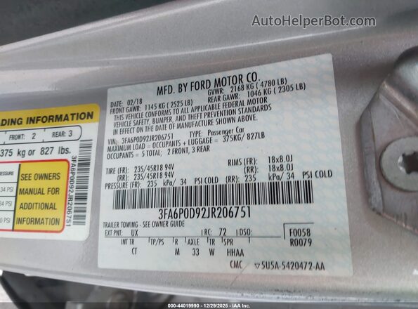 3FA6P0D92JR206751 2018 FORD FUSION Silver Vista del compartimento del motor