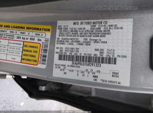 3FA6P0LU1GR291323 2016 FORD FUSION HYBRID Silver 